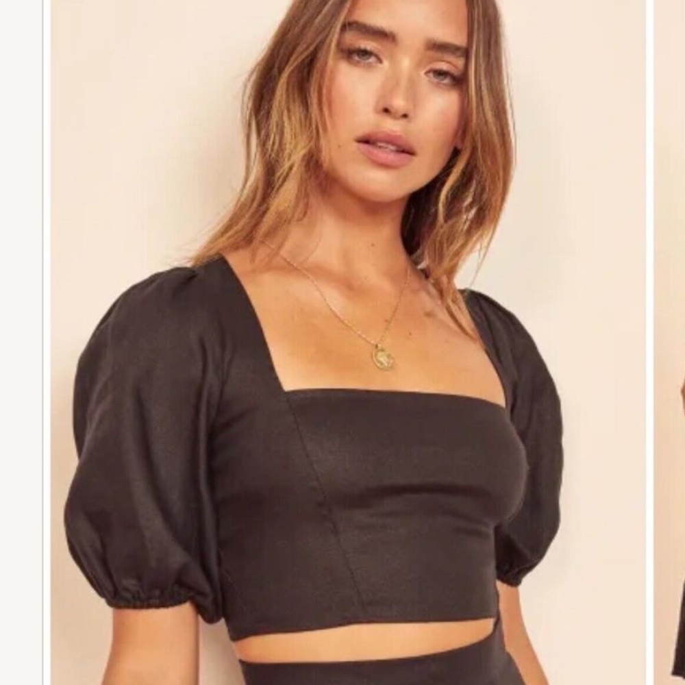 Reformation Yucca Black Linen Crop TOP Puff Sleeve Coastal Womens Size 6